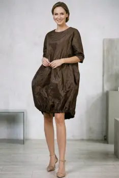 Rochie midi cu volum tip balon din tafta cu memorie, cafenie imagine