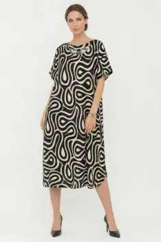 Rochie midi dama moderna vaporoasa, croi lejer oversized cu imprimeu abstract alb-negru imagine