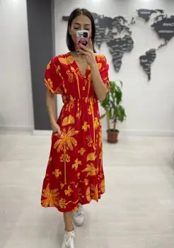 Rochie midi din bumbac, cu elastic in talie si imprimeu galben pe fond bordo imagine