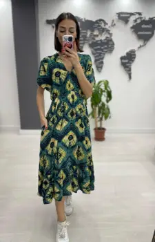Rochie midi din bumbac, cu elastic in talie si imprimeu galben pe fond turcoaz imagine