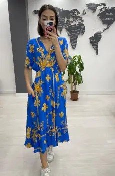 Rochie midi din bumbac, cu elastic in talie si imprimeu portocaliu pe fond albastru imagine