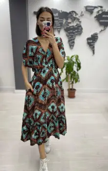 Rochie midi din bumbac, cu elastic in talie si imprimeu turcoaz pe fond maro imagine