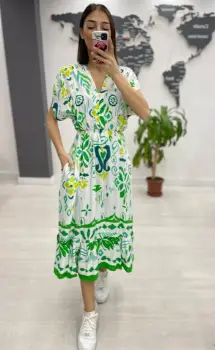 Rochie midi din bumbac, cu elastic in talie si imprimeu verde pe fond alb imagine