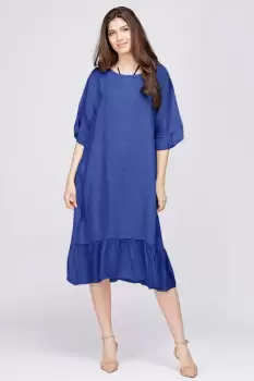Rochie midi din in albastru electric cu volane din matase si funda pe sapte imagine