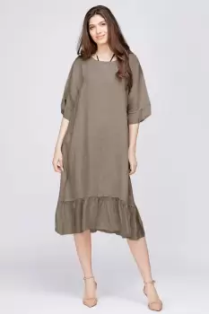 Rochie midi din in bej fango cu volane din matase si funda pe spate imagine