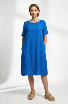Rochie midi din in cu croiala lejera si prinderi laterale, albastru electric imagine