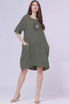 Rochie midi din in cu floare din paiete pe piept, kaki imagine