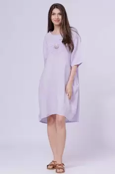 Rochie midi din in cu floare din paiete pe piept, lila imagine