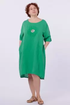 Rochie midi din in cu floare din paiete pe piept, verde imagine