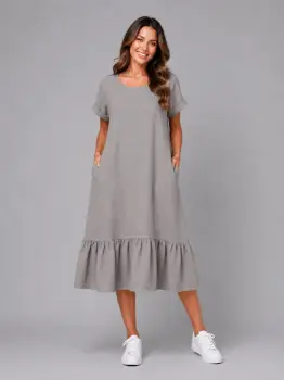 Rochie midi din in cu funda pe spate si volan amplu din batist, bej inchis imagine