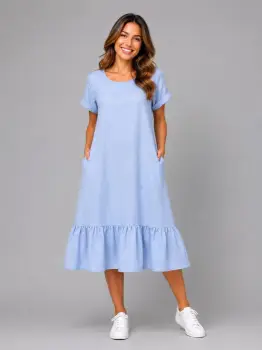 Rochie midi din in cu funda pe spate si volan amplu din batist, bleu imagine
