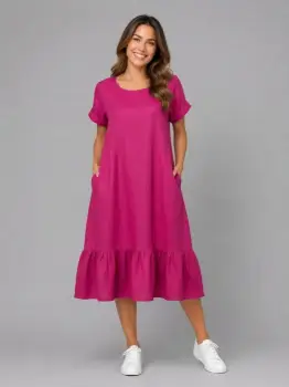 Rochie midi din in cu funda pe spate si volan amplu din batist, fucsia imagine