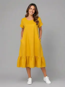 Rochie midi din in cu funda pe spate si volan amplu din batist, galbena imagine