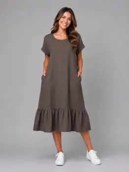 Rochie midi din in cu funda pe spate si volan amplu din batist, maro imagine