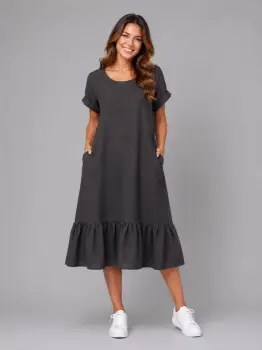 Rochie midi din in cu funda pe spate si volan amplu din batist, neagra imagine