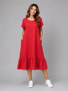 Rochie midi din in cu funda pe spate si volan amplu din batist, rosie imagine