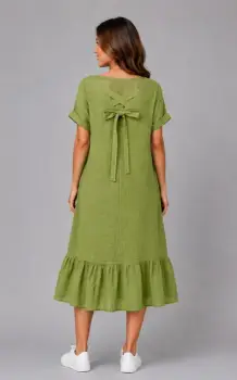 Rochie midi din in cu funda pe spate si volan amplu din batist, verde olive imagine