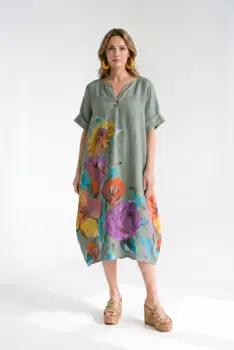 Rochie midi din in cu imprimeu floral colorat si croi balon, kaki imagine