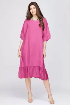 Rochie midi din in fucsia cu volane din matase si funda pe spate imagine