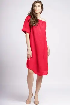 Rochie midi din in fucsia inchis, cu decolteu pe elastic imagine