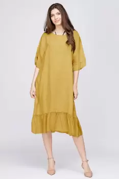 Rochie midi din in galbena cu volane din matase si funda pe spate imagine