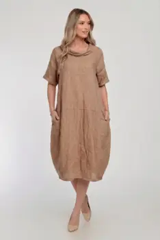 Rochie midi din in, lejera, croi lalea, oversized, camel imagine