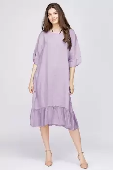 Rochie midi din in lila cu volane din matase si funda pe spate imagine