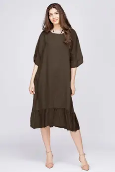 Rochie midi din in maro cu volane din matase si funda pe spate imagine