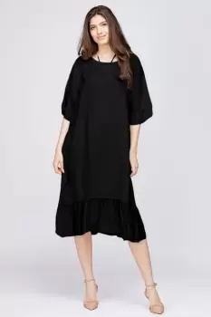 Rochie midi din in neagra cu volane din matase si funda pe spate imagine
