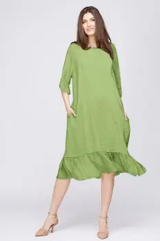 Rochie midi din in verde olive cu volane din matase si funda pe spate imagine