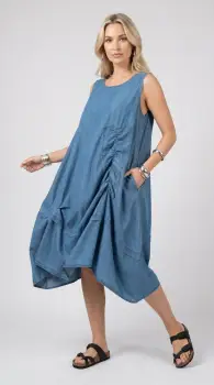 Rochie midi din jeans deschis cu fronseuri decorative imagine