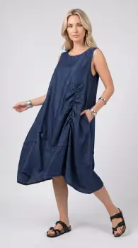 Rochie midi din jeans inchis cu fronseuri decorative imagine