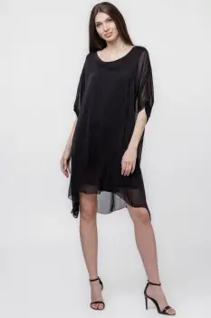 Rochie midi, dreapta, din matase naturala, cu funda pe spate, neagra imagine