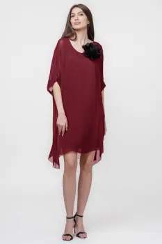 Rochie midi, dreapta, din matase si vascoza, cu funda pe spate, bordo imagine