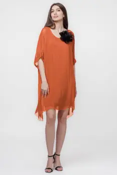 Rochie midi, dreapta, din matase si vascoza, cu funda pe spate, caramizie imagine