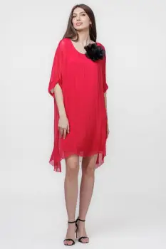 Rochie midi, dreapta, din matase si vascoza, cu funda pe spate, fucsia intens imagine