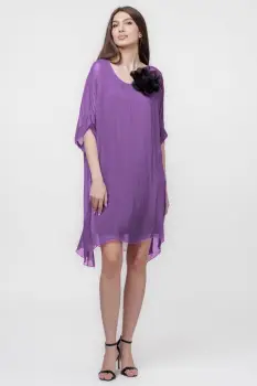 Rochie midi, dreapta, din matase si vascoza, cu funda pe spate, mov imagine