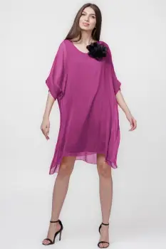 Rochie midi, dreapta, din matase si vascoza, cu funda pe spate, mov zmeura imagine