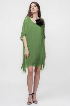 Rochie midi, dreapta, din matase si vascoza, cu funda pe spate, verde oliv imagine