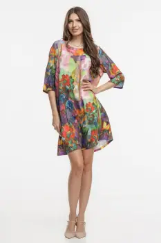 Rochie midi, dreapta, din vascoza fina, cu imprimeu pictural predominant mov imagine