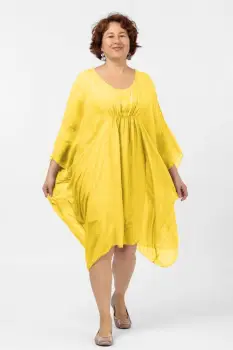 Rochie midi galbens, ampla, din matase naturala, cu detaliu sub bust, in colturi imagine