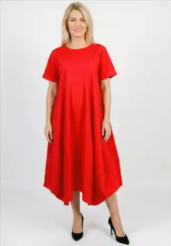 Rochie midi lejera oversize din bumbac, cu croi amplu si colturi, rosie imagine