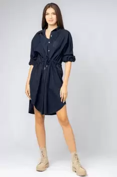 Rochie midi tip camasa, din poplin de bumbac, cu siret in talie, bleumarin imagine