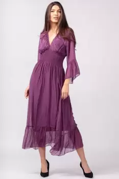 Rochie mov din matase naturala cu banda elastica in talie si volane imagine