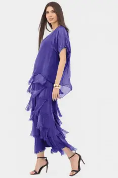 Rochie mov din matase naturala cu volane franjurate suprapuse imagine