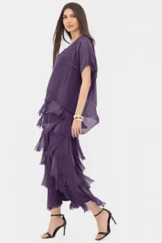 Rochie mov inchis din matase si vascoza cu  volane franjurate suprapuse imagine