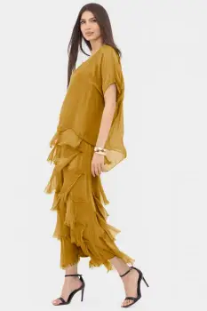 Rochie mustar din matase naturala cu volane franjurate suprapuse imagine