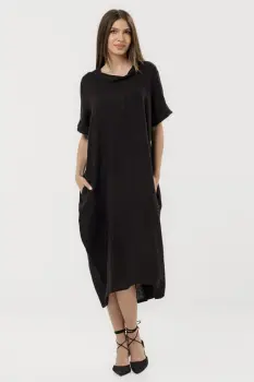 Rochie neagra din in cu croiala oversized si guler lejer, intors imagine