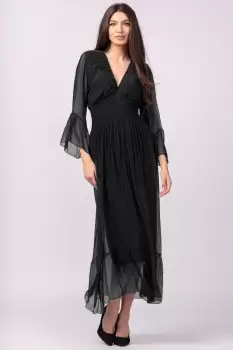 Rochie neagra din matase naturala cu banda elastica in talie si volane imagine