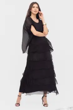 Rochie neagra din matase naturala cu volane franjurate suprapuse imagine